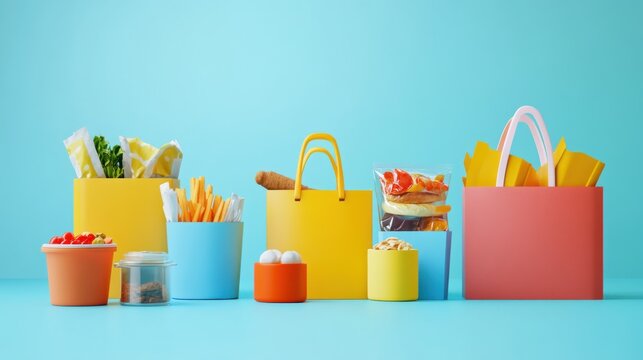 Colorful grocery bags filled with food, light blue background, online grocery shopping concept