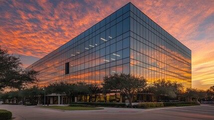 modern glass office building, sunset architectural photography, reflective facade design, contemporary corporate structure, landscaped urban setting, golden hour lighting, geometric glass panels,