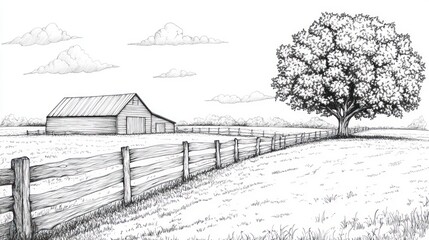 Rural barn, tree, fence, field, idyllic countryside scene