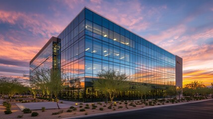 modern glass office building, sunset architectural photography, reflective facade design, contemporary corporate structure, landscaped urban setting, golden hour lighting, geometric glass panels,