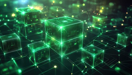 Abstract digital cubes network in glowing green circuit