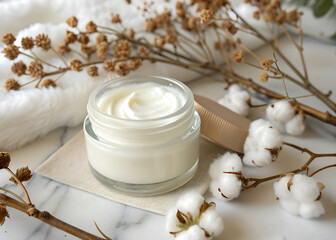 Natural organic cream in a glass jar against a background of cotton and dried flowers.