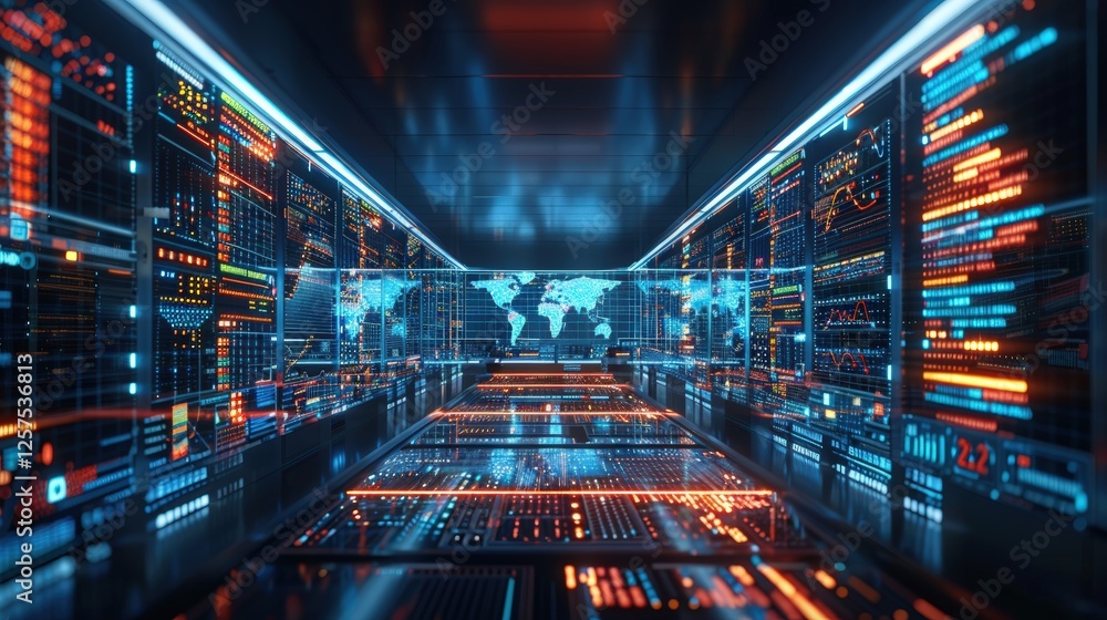 Poster futuristic data center with digital panels displaying analytics and world map. high-tech environment