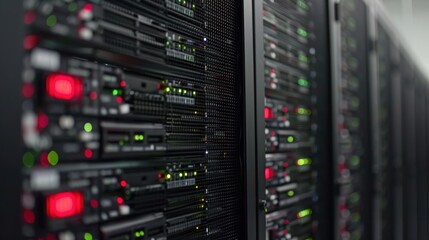 Naklejka premium Advanced server room with rows of energy-efficient black servers equipped with LED indicators, optimized for cloud computing, big data processing, and secure digital networking...