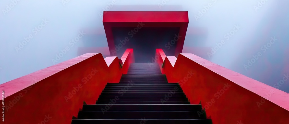 Poster a striking image of a red staircase leading upward into a misty, ethereal atmosphere, creating a sen
