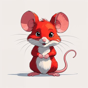 Cute red mouse cartoon illustration on plain white background