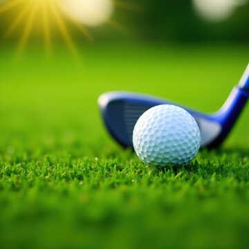 White golf ball rests on green grass beside a golf club , tee box, par
