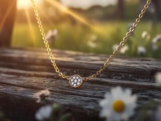 Fototapeta premium Diamond-studded gold necklace on a rustic wooden bench with wildflowers blooming and the countryside sun casting golden rays