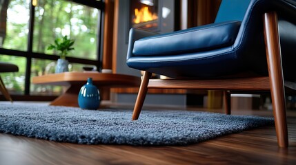 A cozy interior scene featuring a blue chair, a wooden coffee table, a decorative vase, and a fireplace, surrounded by nature.
