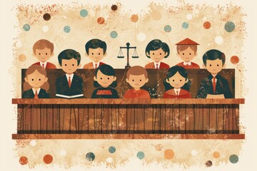 Retro-styled illustration of children in a courtroom scene with vibrant colors and vintage textures, representing fairness, teamwork, and innocence in a creative mock trial concept...