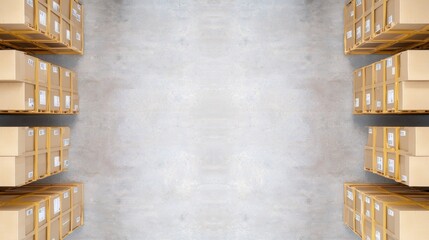 inventory management warehouse Overhead view of a spacious warehouse with multiple storage levels, demonstrating an efficient and systematic inventory setup.