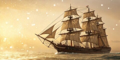 Fototapeta premium Majestic tall ship sailing at sunset with golden hues