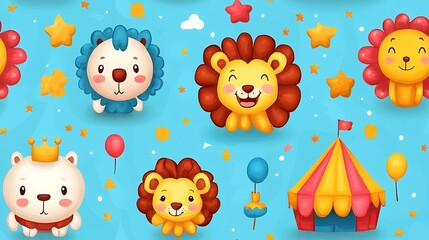Naklejka premium Cute lion cubs, circus tent, stars, balloons, seamless pattern. Perfect for children's fabric, wallpaper, or cards