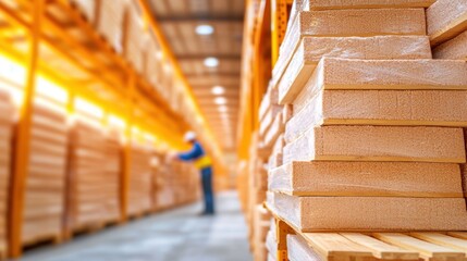 Obraz premium inventory management warehouse Shelves stacked with various products in a temperature controlled warehouse, with workers inspecting and managing inventory.