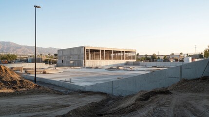 industrial construction progress, concrete structural elements, building development photography, raw architectural framework, modern building process, exposed concrete skeleton, geometric structural