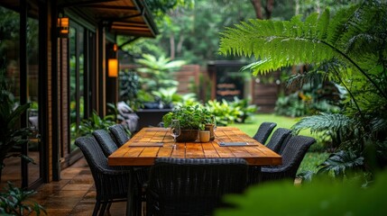 Tranquil outdoor dining, lush greenery, rain-kissed leaves.