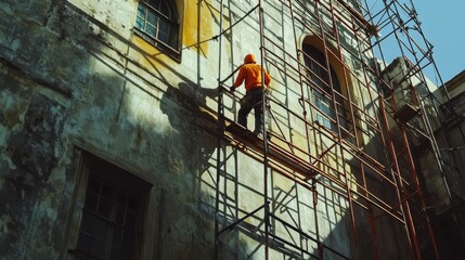 Naklejka premium exterior building renovation, professional painter at work, construction scaffolding setup, industrial safety equipment, facade maintenance, worker on platform, building restoration process, orange