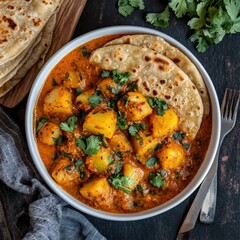 aloo gobi with roti and coriander garnish