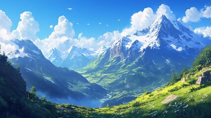 Fototapeta premium Sunny Alpine Valley Landscape, Birds Flying