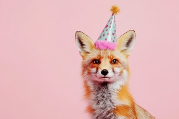 cute playful red fox in festive party hat on light pastel pink background with copy space, template for birthday celebration design