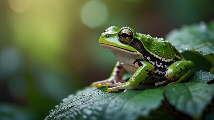 Obraz premium Green Tree Frog Sitting on Leaf with Water Droplets in Nature