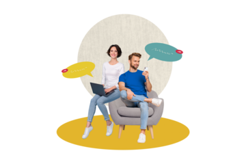 Composite trend artwork sketch image collage of hand hold smartphone laptop notification banner feedback speech cloud man lady sit chair