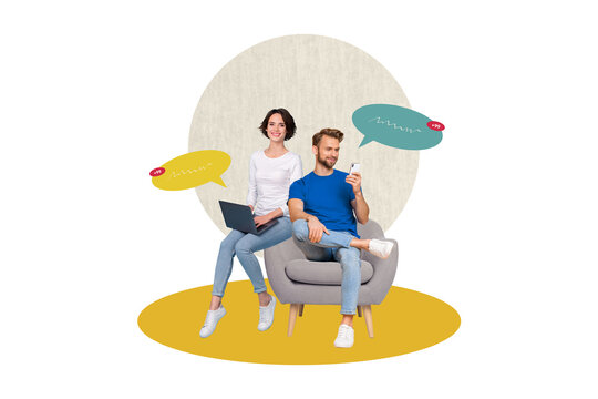 Composite trend artwork sketch image collage of hand hold smartphone laptop notification banner feedback speech cloud man lady sit chair