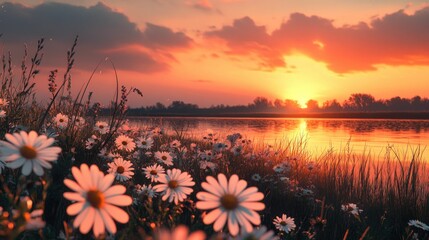 Sunset daisies bloom near tranquil river