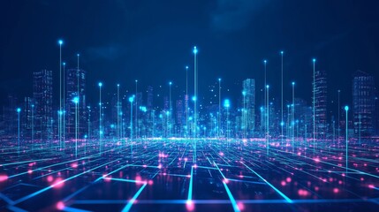Fototapeta premium digital metropolis illustration, glowing blue architecture, cyber network cityscape, futuristic urban grid, technological city visualization, abstract building matrix, neon light effects, virtual