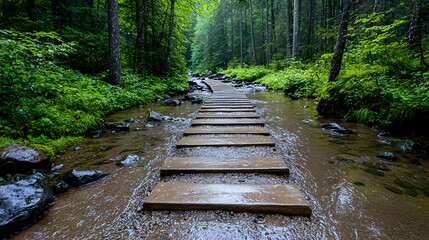 Forest stream path steps; tranquil nature walk