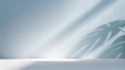 Minimalistic simple background for product presentation. Shadow from tropical foliage and light on...