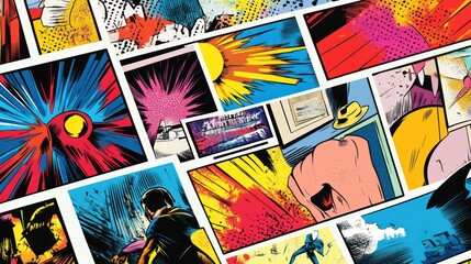 Colorful comic book panels collage.