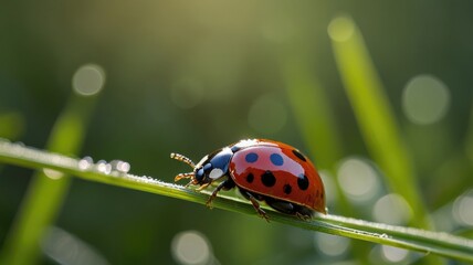 Fototapeta premium Ladybug Crawling on Grass Blade with Dew Drops in Sunlight