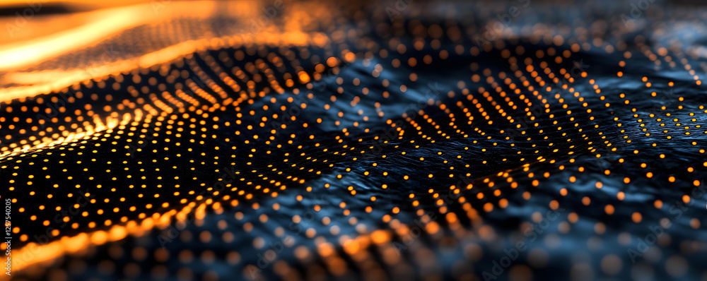 Poster abstract dark background with orange glowing dots forming a wavy pattern digital art 3d render