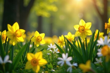 Vibrant Yellow Daffodils Basking in Golden Sunlight Within a Lush Green Meadow, a Springtime Symphony of Blossoms