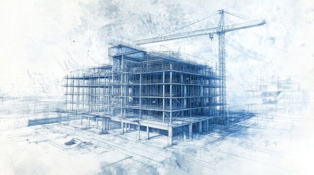 architectural blueprint visualization, construction site sketch, technical drawing style, building framework illustration, tower crane design, structural engineering drawing, blue tinted construction