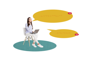 Composite trend artwork sketch image collage of hand hold smartphone laptop notification banner feedback speech cloud lady sit chair work