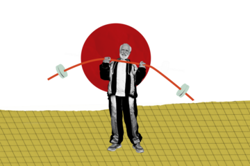 3D photo collage composite trend artwork sketch image of old sportsman strong pensioner do exercise bodybuilding practice lift dumbbell