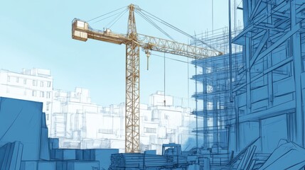 architectural construction sketch, technical site visualization, building development blueprint, engineering illustration style, tower crane rendering, structural framework drawing, blue