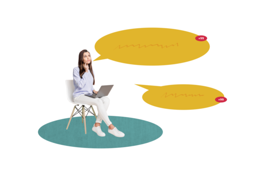 Composite trend artwork sketch image collage of hand hold smartphone laptop notification banner feedback speech cloud lady sit chair work