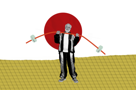 3D photo collage composite trend artwork sketch image of old sportsman strong pensioner do exercise bodybuilding practice lift dumbbell