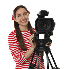 Happy woman with professional video camera on white background