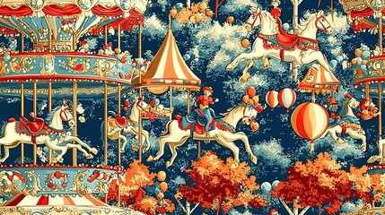 Fototapeta premium Festive carousel horses and balloons float against a twilight sky, perfect for whimsical children's book illustrations or fabric prints