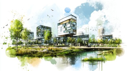 eco architectural drawing, sustainable building development, green design concept, environmental planning sketch, urban nature integration, architectural visualization, mixed media rendering,