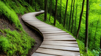 Winding Wooden Pathway Through Lush Green Forest Landscape