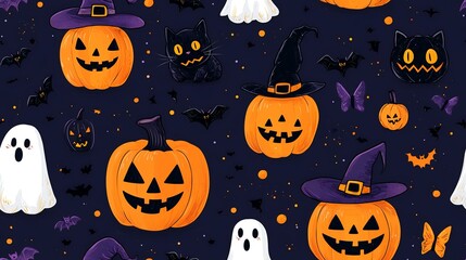 Festive Halloween pumpkins, ghosts, bats, and cats pattern; perfect for spooky season cards, textiles, or wrapping paper