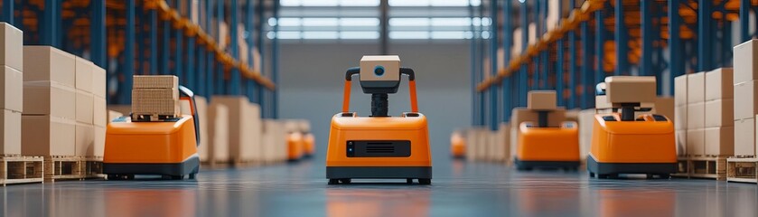 AI-powered logistics hub with autonomous robotic forklifts assisting packaging lines