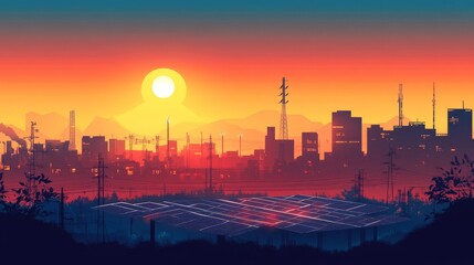 sustainable city energy, solar panel foreground, urban sunset vista, modern power generation, clean technology installation, city building silhouettes, evening sky colors, renewable infrastructure,