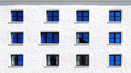 Fototapeta premium White Building Facade with Blue Windows in Geometric Arrangement