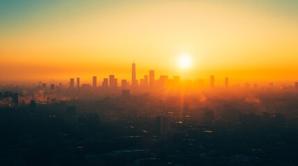 Fototapeta premium metropolitan horizon illustration, golden sunrise cityscape, urban silhouette design, warm sky composition, architectural outline study, panoramic city view, minimalist skyline art, morning urban